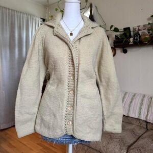 Vintage Handmade Chunky Knit Cardigan Oatmeal Beige Button Front Sweater Collar